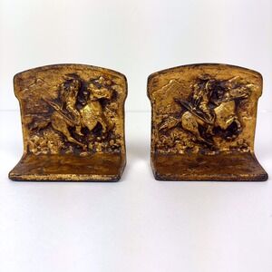 Vintage Native American Indian‎ Warrior Spear Upright Horse Metal Bookends Pair